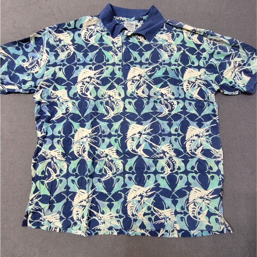 Rum Reggae Mens XL Tropical Swordfish Marlin Design Polo‎ Shirt Blue Teal Cotton